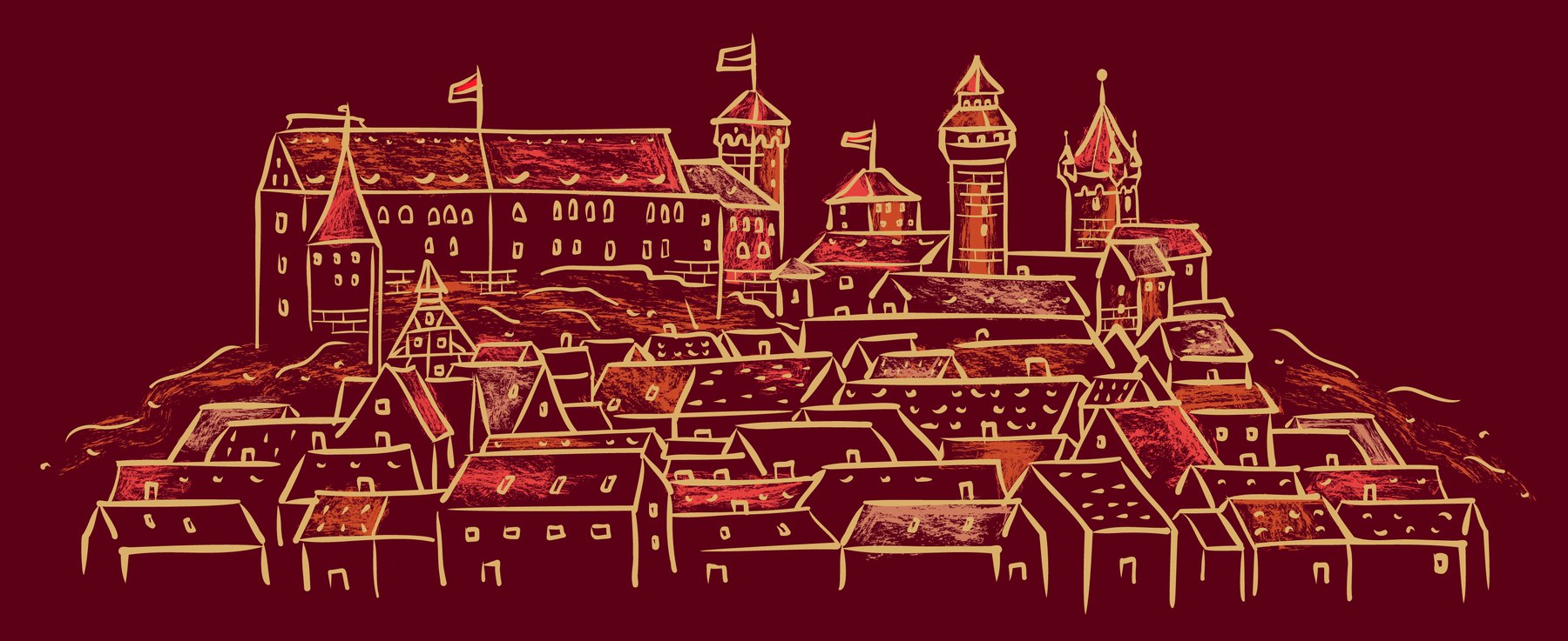 Illustration der Nürnberger Kaiserburg und Altstadt-Silhouette für HAUS ELISE, gezeichnet von Pari Mahroum