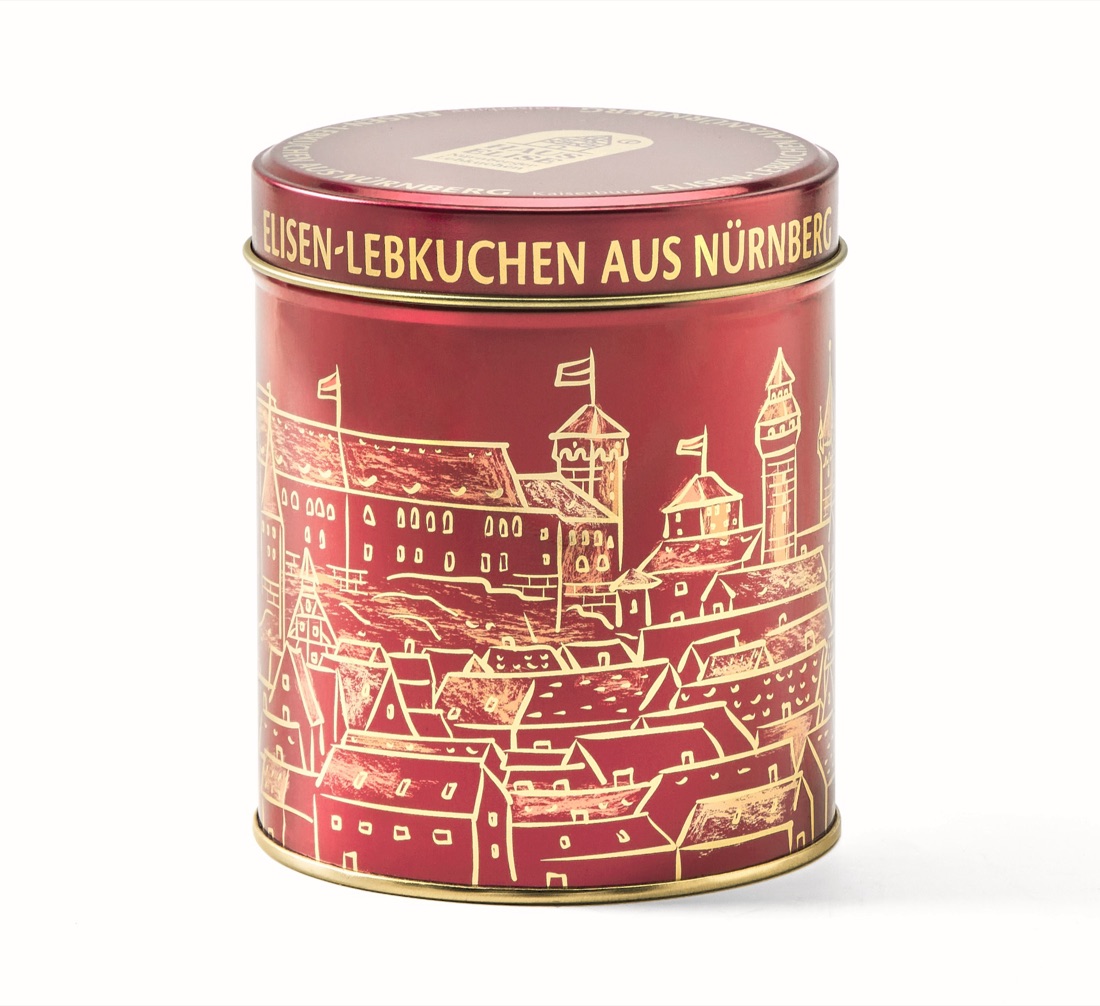 HAUS ELISE Blechdose Kaiserburg in Rot mit goldener Illustration der Nürnberger Kaiserburg und Altstadt